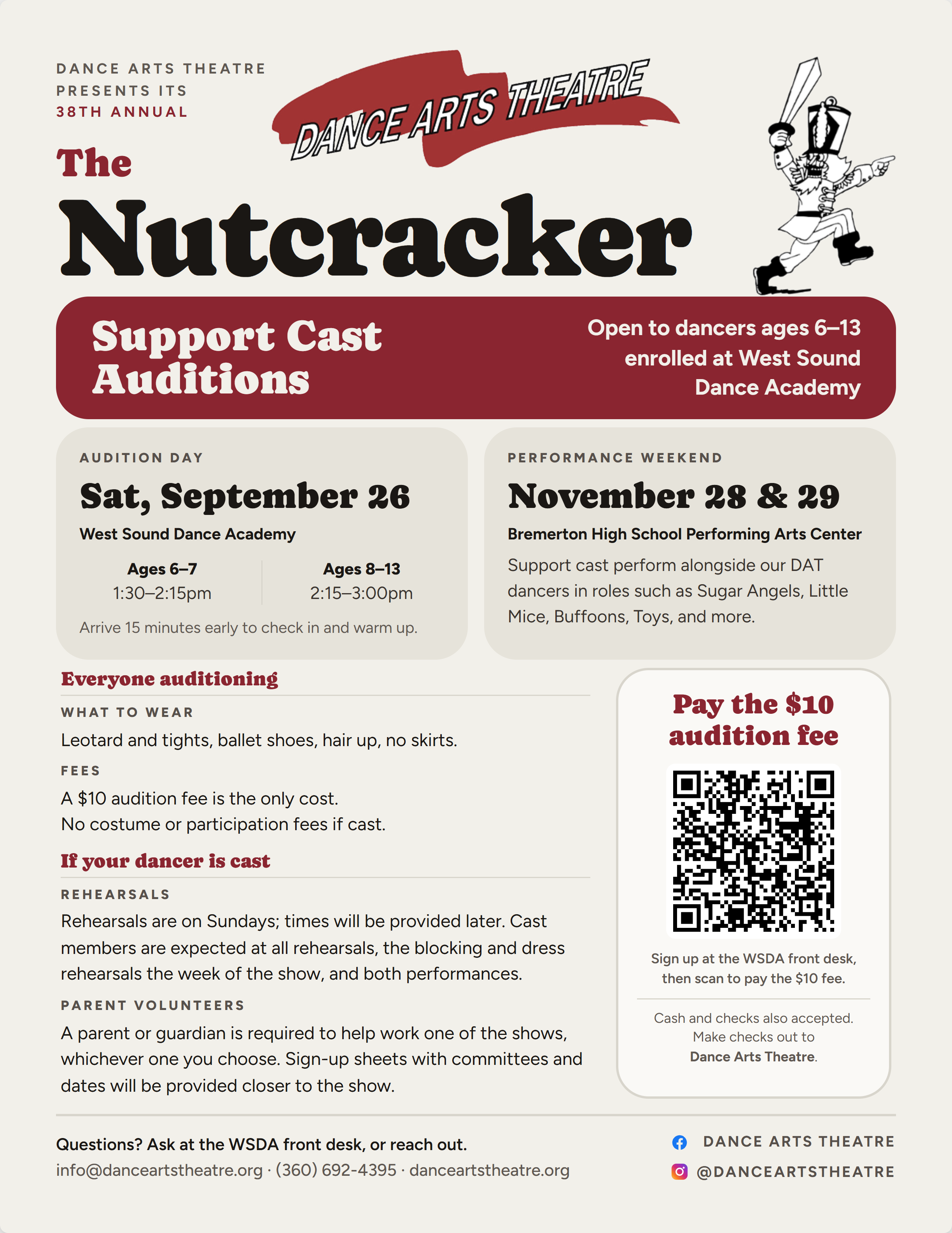 Nutcracker Support Cast Auditions flyer, Saturday September 26, 2026 at West Sound Dance Academy